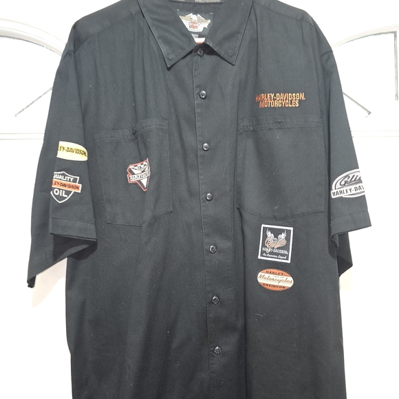 Harley-Davidson Other - Harley-Davidson Black Short Sleeve Button-Up Shirt with Orange Logo Patches